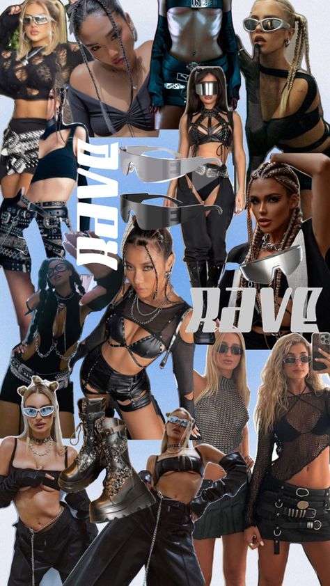 Rave girls outfit inspo Black belts Hard Summer Outfit, Best Festival Outfits, 2023 Festival Outfits, Rave Outfits Black, Summer Rave Outfits, Rave Outfits Diy, Techno Rave Outfit, Black Rave Outfits, Black Festival Outfit