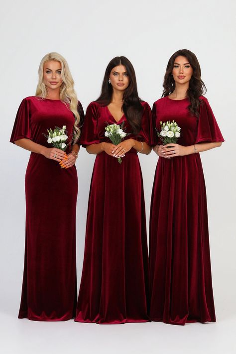 Couture Bridesmaid Dresses, Burgundy Velvet Dress, Civil Wedding Dresses, Velvet Dress Long, Burgundy Bridesmaid, Maid Of Honour Dresses, Dress Wedding Guest, Dress Velvet, Flare Sleeve Dress