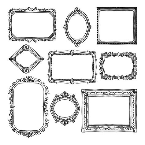 Drawings In Frames, Illustrated Picture Frames, Fancy Picture Frame Drawing, Picture Frame Drawing Ideas, Fancy Frame Drawing, Ornate Frame Illustration, Gold Frame Drawing, Old Frame Drawing, Frame Sketch Drawings