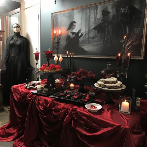 Halloween Dessert Table Backdrop, 1920 Halloween Party, Dark Victorian Party Theme, Dracula Party Decorations, Vampire Photo Backdrop, Gothic Glam Birthday Party, Gothic Theme Birthday Party, Gothic Victorian Party Decor, Vampire Dinner Table