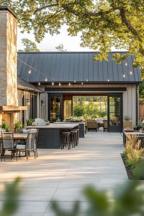 40 Stunning L-Shaped Modern Farmhouses Outdoor Farmhouse Kitchen, L Shape Garage Addition, Modern Rustic Island Lighting, Modern Addition To Ranch House, Two Homes Connected By Breezeway, L Shape Building Design, Breezeway Office, Rustic Modern Architecture, House Gables Exterior