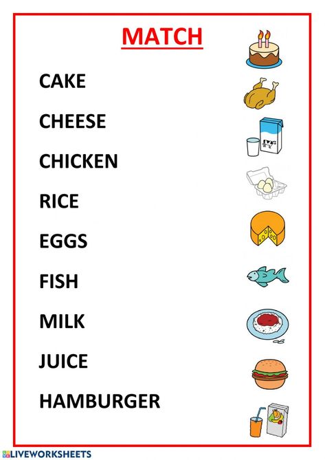 Food and drinks interactive activity for 1º y 2º de primaria. You can do the exercises online or download the worksheet as pdf. Second Grade English Activities, Food Kindergarten Worksheets, Food Worksheets For Grade 1, Food And Drink Worksheet, English Activity For Kindergarten, Food Activity For Kids, Food Worksheets For Kids, Food Activities For Kids, Activities For Grade 1