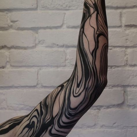 Oil Spill Tattoo Sleeve, Marble Arm Tattoo, Liquid Marble Tattoo, Marble Sleeve Tattoo, Wavy Liquid Tattoo, Marbling Tattoo, Marbled Tattoo, Abstract Blackwork Tattoo, Black Out Tattoo Designs