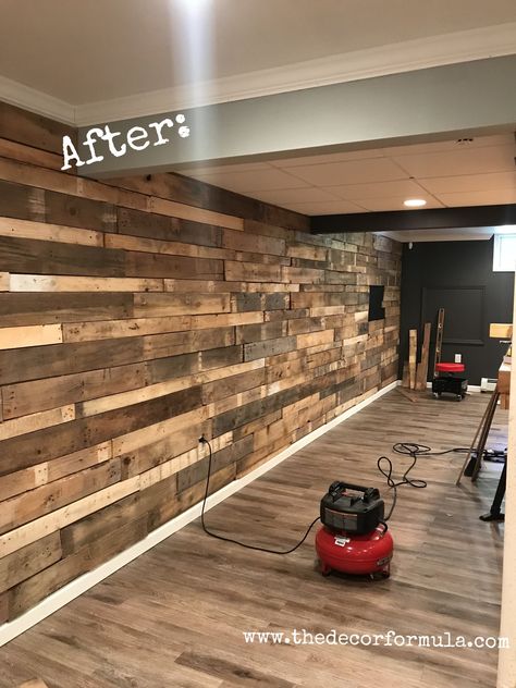 Pallet Basement Walls, Country Basement, Pallet Wall Ideas, Pallet Accent Wall, Pallet Wood Wall, Garage Transformation, Palette Wall, Basement Redo, Diy Pallet Wall