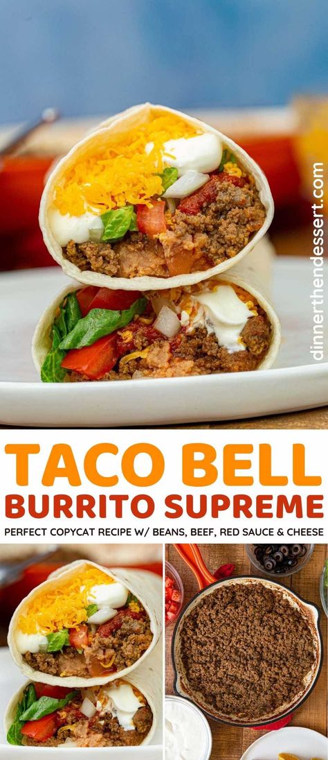 Taco Bell Burrito Supreme (Copycat) is an easy make at home recipe for one of Taco Bell's best menu items. With beans, beef, red sauce and cheddar cheese. #dinner #tacobell #burrito #copycatrecipe #mexicanfood #burritosupreme #groundbeef #dinnerthendessert Taco Bell Big Beef Burrito Supreme, Beef Burrito Supreme, Moes Burrito Recipe, Taco Bell Bean And Cheese Burrito, Burrito Supreme Recipe Taco Bells, Copycat Taco Bell Burrito Supreme, 7 Layer Burrito Taco Bells, Taco Bell Beef Burrito Recipe, Taco Bell Ground Beef