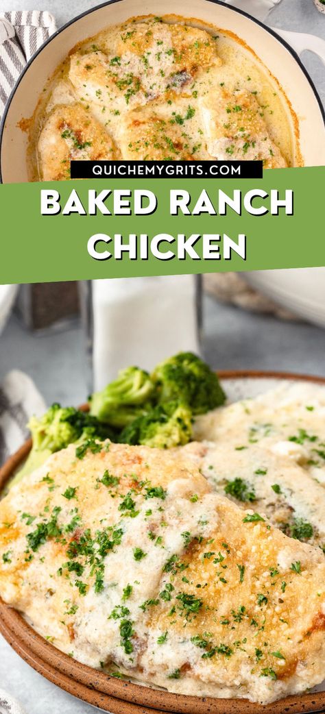 Two graphics depicting baked ranch chicken with broccoli. Baked Creamy Ranch Chicken, Creamy Ranch Chicken Oven, Chicken Ranch Bake, Chicken And Ranch Recipes, Chicken With Ranch Packet, Ranch Chicken Breast Recipes, Chicken Recipes Ranch Packet, Ranch Chicken Baked, Chicken Ranch Recipes