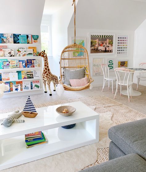 Our playroom makeover with Serena & Lily - hanging chairs, and a lot of blues, whites, and rattan! Bonus Room Playroom, Chrissy Marie, Ideas Habitaciones, Finished Attic, Baby Playroom, Attic Playroom, Hanging Chairs, Basement Playroom, Girls Playroom