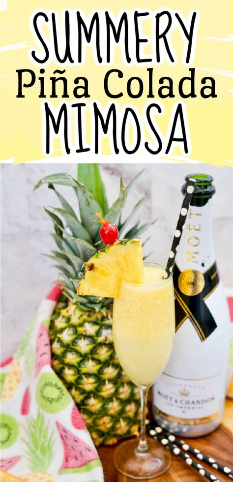 This Piña Colada Mimosa is a fantastically bubbly take on the classic tropical cocktail. A Champagne Piña colada is the perfect party drink for summer. Summer mimosa, Pina colada mimosa Pina Colada Mimosa, Champagne Summer Drinks, Tropical Mimosa Bar, Summer Mimosa Recipe, Pina Colada Slush Recipe, Mimosa Board, Mimosa Flavors, Fall Mimosa Recipe, Coconut Mimosa