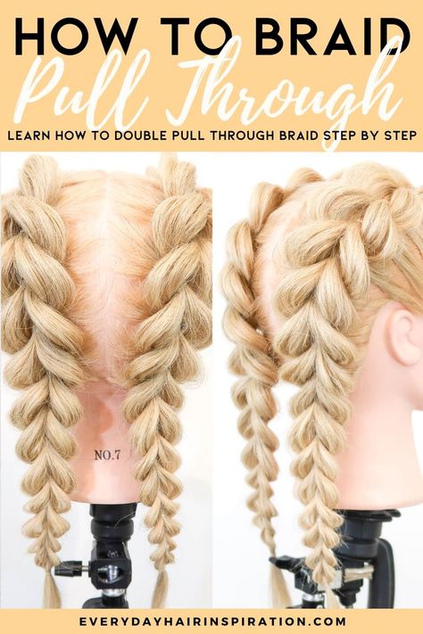 Double pull through braid step by step Double Pull Through Braid, Braided Headband Hairstyles, Easy Pull Through Braid, Double Dutch Braids Tutorial, Braid For Beginners, French Braid Pigtails, Dutch Braid Tutorial, Braided Headband Hairstyle, Quick Braids