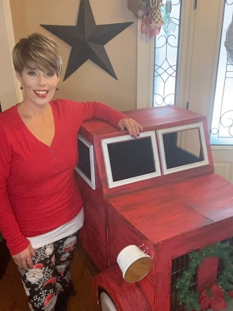 Big Red Truck Christmas Tree Stand, Red Truck Christmas Party Ideas, Vintage Truck Christmas Tree, Diy Wood Truck Decor, Red Truck Christmas Crafts Diy, Truck Tree Stand, Red Truck Tree Stand, Vintage Red Truck Christmas Decor, Diy Cardboard Pickup Truck