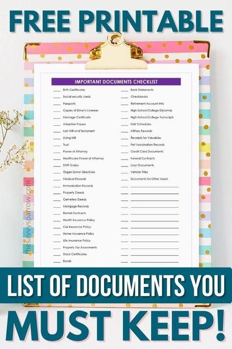 Get help with important papers organization and create your own important documents binder or filing system with this free printable checklist! This printable list of important papers to keep will help you get organized so that you have everything you need in event of an emergency, or just so you can tackle your paper clutter! Organisation, Organizing Important Papers At Home, Best Way To Store Important Documents, List Of Important Documents, Home Emergency Binder Free Printables, Organize Personal Documents, Important Papers To Keep, Emergency Folder Important Documents, List Of Important Documents To Keep