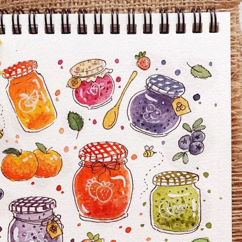 Nianiani on Instagram: "Colourful doodle of jars of jam. Wasn't the original intention to make it this colourful but not mad at the result either 🍓🍒🍑🍊🥝🍇
Tutorial now up on my yt channel: nianiani
Downloadable outline is available for purchase in my ko-fi shop, you can find the link in the description box of my yt video
Enjoy!
.
.
.
.
.

#watercolor #watercolour #watercolorpainting #watercolorart #watercolortribe #worldofartists #instaart #watercolor_daily #watercolortutorial #watercolorfood #worldwatercolorgroup #worldofart #watercolor_art #watercolor_art #watercolor_gallery #watercolordoodle #doodleart #watercolorfoodart" Still Life Water Colour Painting Simple, Food Art Journal, Jam Jar Aesthetic, Cute Jar Painting, Watering Can Watercolor, Food Illustration Art Watercolour, Nianiani Watercolor, Jar Art Drawing, Jam Jar Drawing