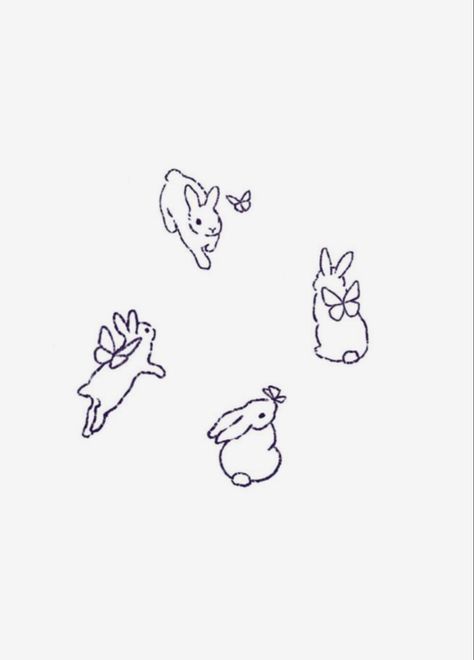 Rabbit Small Tattoo, Bunny Tattoo Small Cute, Cute Tattoos Outline, Bunny Running Tattoo, Bunny And Butterfly Tattoo, Pet Memorial Tattoo Rabbit, 3 Bunny Tattoo, Bunny Tattoo Aesthetic, Mini Bunny Tattoo