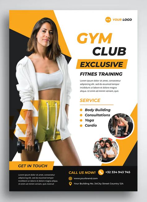 Gym Fitness Flyer Template PSD Gym Flyers Design, Gym Poster Design Banner Template, Gym Poster Design Creative, Gym Template Design, Fitness Poster Design, Fitness Flyer Design, Fitness Backgrounds, Fitness Poster, Brochure Food