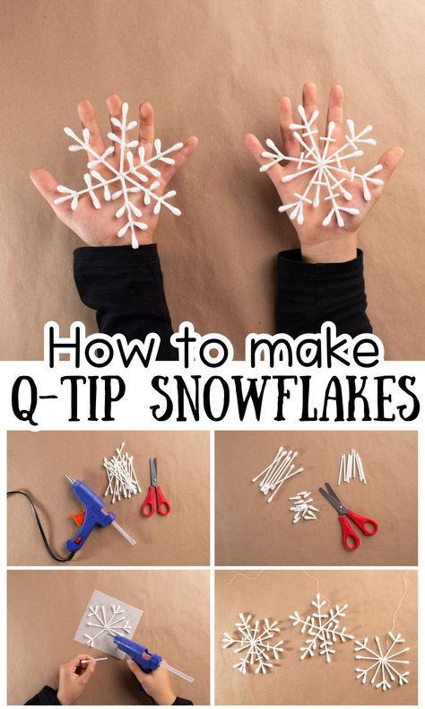 Easy Q-Tip Snowflakes Craft - In The Playroom A Tip Snowflakes, How To Make Snowflakes Easy, Christmas Crafts For Kids Snowflakes, Qtip Crafts For Kids, Q Tip Crafts For Kids, Q Tip Snowflakes, Qtip Snowflake Craft, How To Make Paper Snowflakes Easy, Qtip Snowflakes