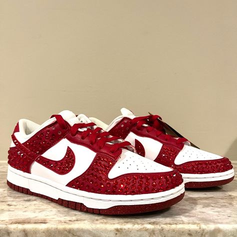 Quinceanera Shoes Red, Red Nike Dunks, Red Quinceanera Theme, Quinceanera Heels, Red Quince Theme, Dunks Outfits, Red And Gold Quince, Beauty And The Beast Quince, Red Quinceanera Ideas