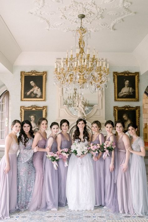 Lilac Wedding Inspiration, Purple Bridesmaid Dresses Mismatched, Purple Accent Wedding, Wedding Purple Theme, Purple Wedding Aesthetic, Purple Floral Bridesmaid Dresses, Purple Theme Wedding, Purple Wedding Dress Bridesmaid, Bridesmaid Pastel