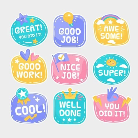 Great Job Stickers, Lunch Box Cards, Graphic Design Job, All About Me Preschool, Sticker Design Inspiration, Work Stickers, Stickers Sheet, Reward Stickers, Motivational Sticker