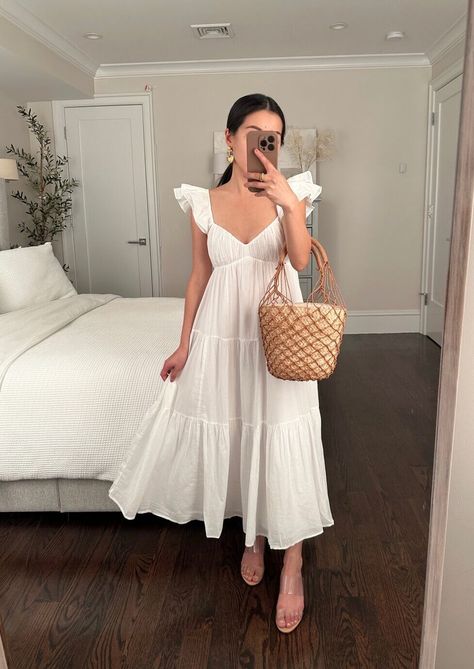 abercrombie petite white midi maxi dress maternity friendly Long Summer Dress Outfits, White Dress Outfit, Cute White Dress, Maxi Dress Outfit, Summer Outfit Ideas, Casual White Dress, Long Dress Casual, Summer Dress Outfits, White Dress Summer