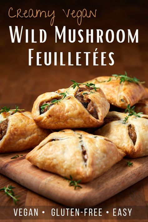 Pinterest graphic showing vegan wild mushroom feuilletees piled on a board. Vegetable Puff Pastry Recipes, Christmas Dinner Ideas Vegan, Mushroom Fine Dining, Vegan Puff Pastry Appetizers, Vegan Gluten Free Christmas Dinner, Mushroom Puff Pastry Recipes, Vegan Puff Pastry Recipes Savory, Vegetarian Puff Pastry Recipes, Mushroom Tart Puff Pastry