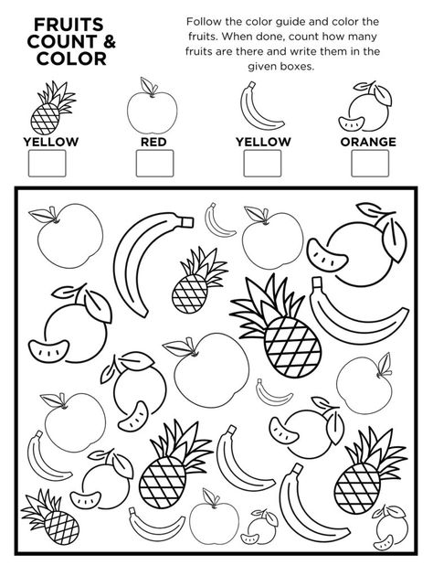 Free Printable: Fruit I Spy Count And Color Activity Page For Kids D73 Fruit Worksheets Preschool, Fruit Coloring, Colors For Toddlers, Vowel Worksheets, Vacation 2024, Fruit Coloring Pages, Counting Worksheets, Fruits For Kids, Free Printable Activities