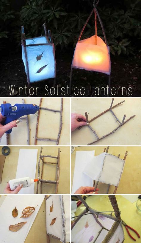 DIY these fantastic lanterns made from twigs, white tissue paper, cardboard, leaves or pine needles and flameless tea light candles to celebrate the winter solstice. http://www.ehow.com/info_12340251_diy-winter-solistice-lanterns.html?utm_source=pinterest&utm_medium=fanpage&utm_content=inline Diy Wax Paper Lantern, Nature Lantern Craft, Diy Tissue Paper Lanterns, Winter Solstice Paper Lanterns, White Tissue Paper Crafts, Tissue Paper Lanterns Diy, How To Make A Paper Lantern, Matariki Lanterns, Martinmas Lanterns