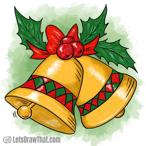 Two golden bells decorated for Christmas with a bow and holly leaves Bells Drawing Christmas, Christmas Jingle Bells Painting, Holly Drawing Christmas, Drawings Ideas For Christmas, Drawing Related To Christmas, Christmas Crafts Bells, Krismas Drawing, Bell For Christmas, Ideas For Christmas Drawings