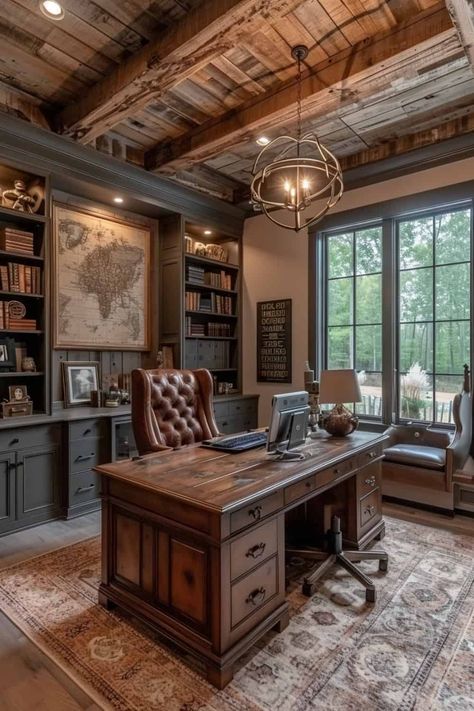 Old World Office Ideas, Indiana Jones Office Aesthetic, Whiskey Room Home Office, Office Ideas For Men Rustic, Hacienda Office, Aesthetic Office Room, Home Study Room Ideas, Office Room Aesthetic, Men Office Ideas