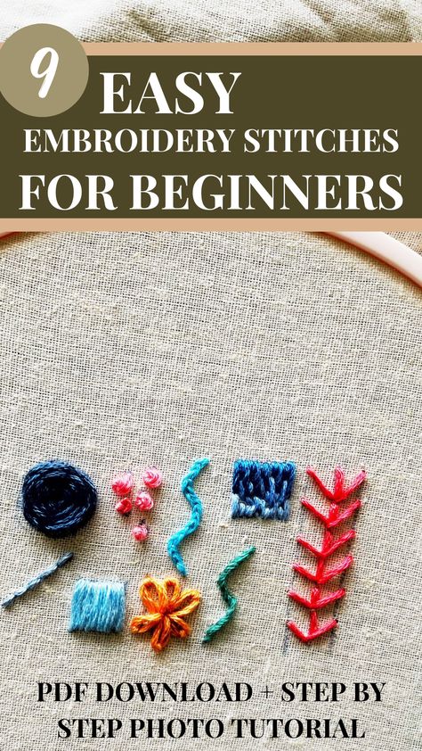 Download and practice these 9 hand embroidery stitches with this free hand embroidery pattern and step-by-step tutorial suited for beginners. How To Diy Embroidery, Embroidery Cheat Sheet, Embroidery Simple Stitches, Embroidery Instructions Tutorials, Embroidery Guide For Beginners, Beginners Embroidery Stitches, Different Kinds Of Embroidery Stitches, Hand Embroidery Step By Step, Embroidery Practice Stitches