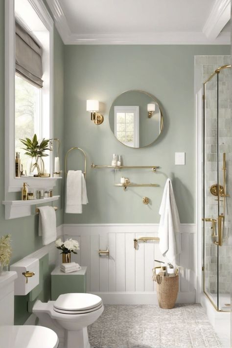 bathroom paint color ideas, small bathroom decor, home renovation, interior design inspiration Light Green Bathrooms, Small Bathroom Paint Colors, Bathroom Cabinet Colors, Bathroom Wall Colors, Best Bathroom Colors, Small Bathroom Paint, Small Bathroom Inspiration, Small Full Bathroom, Small Bathroom Colors