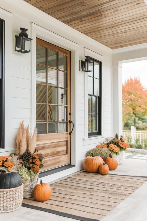 Fall Porch Decor Southern Fall Porch Decor, Modern Farmhouse Fall Decor Front Porch, Thanksgiving Front Porch Decor, Simple Fall Porch, Simple Fall Porch Decor, Hay Bale Decor, Porch Fall Decorating Ideas, Plaid Rugs, Fall Porch Decor Ideas