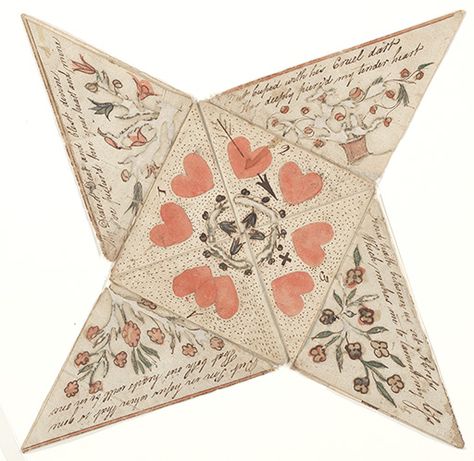 Hand-drawn; hand-colored; hand-lettered. This document is a square sheet of paper that is folded into a star. The text and drawings are on both sides of the sheet. The areas that are visible on the folded paper are decorated with text, hearts, flowers and a small cross. One of the hearts is pierced by an arrow. circa 1800 Valentines Puzzles, 1000 Lifehacks, Hearts And Flowers, My Funny Valentine, Love Token, Saint Valentine, Kirigami, Vintage Valentines, Mail Art