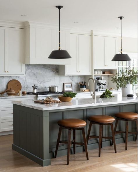 Kitchen Ideas Dark Island, Kitchen With Green Island, Green Island Kitchen, Timeless Kitchen Cabinet Colors, Timeless Kitchen Ideas, Decorative Hood, Timeless Kitchen Cabinets, Kitchen Hood Ideas, Kitchen Renos