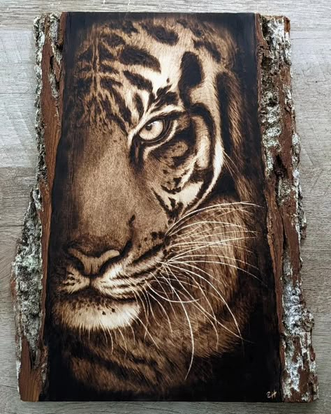 Tiger coming out of the shadows Woodburned onto a piece of basswood Wood Burn Art, Painting Pyrography, Pyrography And Watercolor, Pyrography Landscape, Pyrography Portrait, Wood Burning Art Tiger, Beginner Wood Burning, Tiger Wood, Pyrography Designs