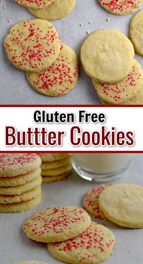 This easy recipe for Gluten Free Butter Cookies makes tender and buttery cookies. Need a gluten free cookie recipe for your holiday party or Christmas cookie exchange? You need to bake these butter cookies. Gluten Free 3 Ingredient Cookies, Gluten Free Butter Cookies Easy Recipes, Gf Butter Cookies, Gluten Free Nut Free Christmas Cookies, Gluten Free Easy Cookies, Gluten Free Vanilla Cookies, Gluten Free Danish Butter Cookies, Quick Gluten Free Cookies, Gluten Free Cookie Recipes Christmas