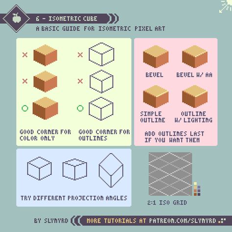 Tutorial - 6 - Isometric Cube | Slynyrd on Patreon Isometric Pixel Art Tutorials, Slynyrd Tutorials, 16bit Pixel Art, Pixel Art Guide, Pixel Tutorial, Isometric Pixel Art, Isometric Pixel, How To Pixel Art, Isometric Cube