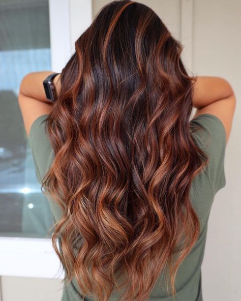 Fall Cinnamon Hair Color, Brunette Hair With Orange Highlights, Brunette To Auburn Balayage, Auburn Highlights For Dark Brown Hair Copper Red Ombre, Copper Streaks In Brown Hair, Light Brown With Red Undertones, Reddish Brown Hair Color, Red Brown Hair Color, Unnatural Hair Color