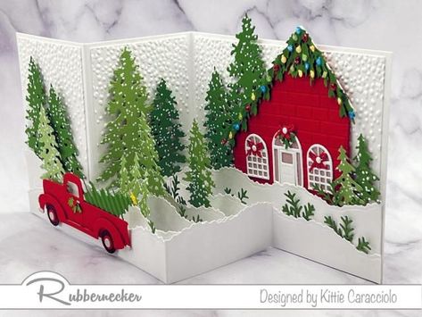 Fun Fold Card Ideas, Truck Cards, Folded Christmas Cards, Pop Up Christmas Cards, Box Cards Tutorial, Tarjetas Pop Up, Fancy Fold Card Tutorials, Up Book, Diy Christmas Cards