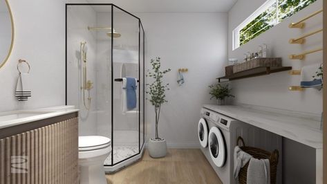 Bathroom Laundry Room Combo 1 Bathroom With Laundry Room Combo, Slanted Ceiling Bathroom, Bath Laundry Combo, Bathroom And Laundry Room Combo, Combined Laundry And Bathroom, Bathroom Laundry Room Combo, Laundry Room Combo, Laundry Combo, Laundry Room Bathroom Combo