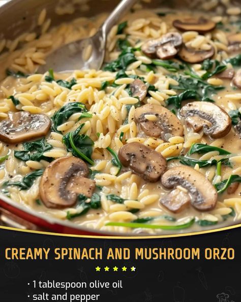 Spinach Mushroom Orzo, Chicken Spinach Mushroom, Mushroom Orzo, Creamy Orzo, Spinach And Mushroom, Mushroom Spinach, Spinach Mushroom, How To Cook Mushrooms, Creamy Spinach