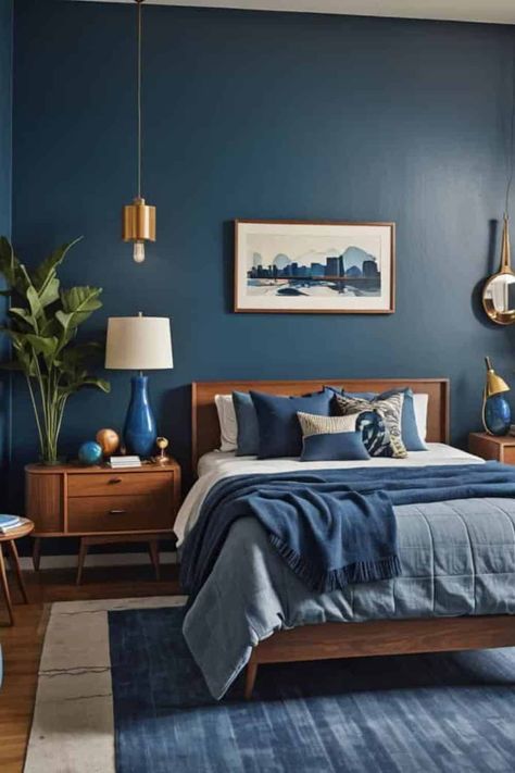 11 Soothing Blue Bedroom Ideas for a Serene Retreat - West Magnolia Charm Walnut And Blue Bedroom, Blue Bedroom Brown Furniture, Serene Blue Bedroom, Navy Blue Room Ideas Bedroom, Blue Wall Bedroom Decor, Bedroom Decor Mid Century Modern, Stylish Bedroom Ideas Interior Design, Navy Headboard Bedroom, Blue Bedroom Ideas Aesthetic