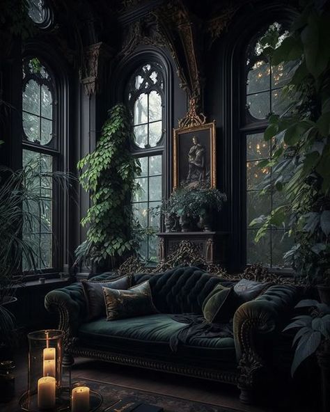 Slytherin Decor, Gothic Cottage, Cottage Core House, Dark Cottage Core, Gothic Interior, Fantasy Rooms, Dark Home Decor, Goth Home, Dark Home