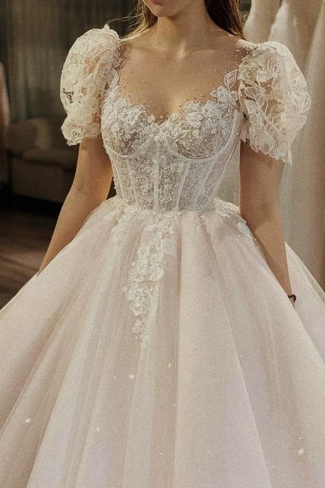 Aesthetic Wedding Dresses Vintage, Pride And Prejudice Wedding Dresses, Sparkly Puffy Wedding Dress, Aesthetic White Wedding Dress, White Fairy Wedding Dress, Wedding Dresses Shoulder Cover, Fairy Wedding Dress Aesthetic, Bride Dress Aesthetic Fairy, Ballgown Style Wedding Dresses