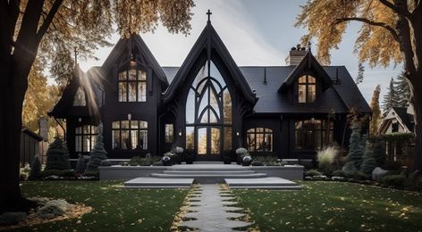 Black Farmhouse Exterior, Gothic Architecture House, Modern Gothic House, Gothic House Plans, Gothic House Exterior, Gothic Modern House, Modern Gothic Home, Dark Modern House, Gothic Style Home