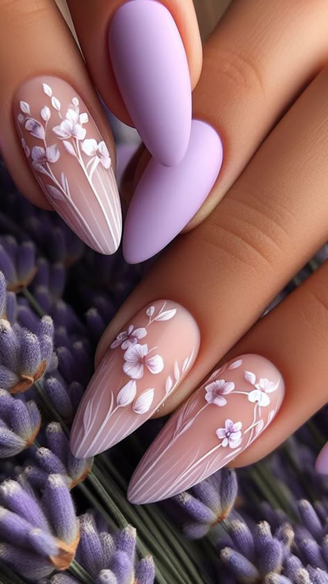 Pastel Perfection: Embrace the soft, delicate hues of spring with pastel-colored almond nails. Think baby blue, blush pink, lavender, or mint green. Add some floral or geometric nail art for an extra touch of springtime charm.  Botanical Beauties: Bring the beauty of nature to your nails with botanical-inspired designs. Consider delicate leaf patterns, intricate floral motifs, or even tiny butterflies fluttering across your almond-shaped nails. These designs can be done in a variety of colors to Almond Nail Art, Nagellack Trends, Green Nail Designs, Purple Nail, Almond Nails Designs, Almond Nail, Summer Nails Colors, Beach Nails, Nail Designs Spring