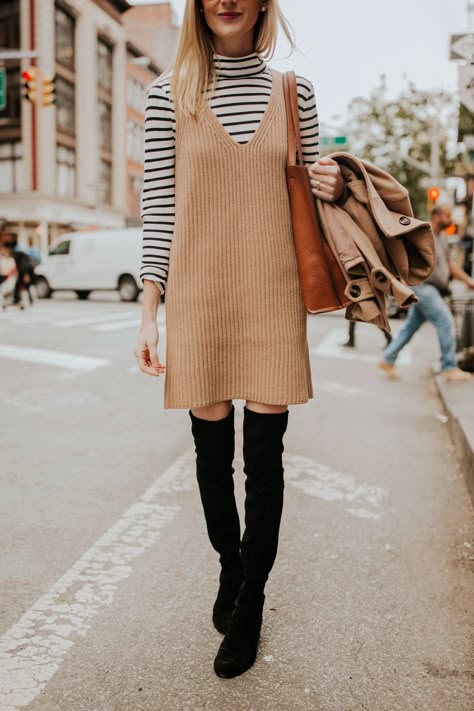 Overall Dress Turtleneck Outfit, Layering Outfits Dresses Winter, Sweater Tank Dress Outfit, Turtleneck Over Dress, Sleeveless Knit Dress Outfit Winter, Sweater Dress For Work, Over The Knee Boot Outfit Winter, Layered Dress Outfit Winter, Sweater With Turtleneck Underneath