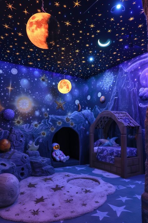 Kids Bedroom Space, Outer Space Bedroom, Castle Mural, Kids Playroom Ideas, Space Kids Room, Galaxy Room, Play Zone, Dark Ceiling, Space Themed Bedroom