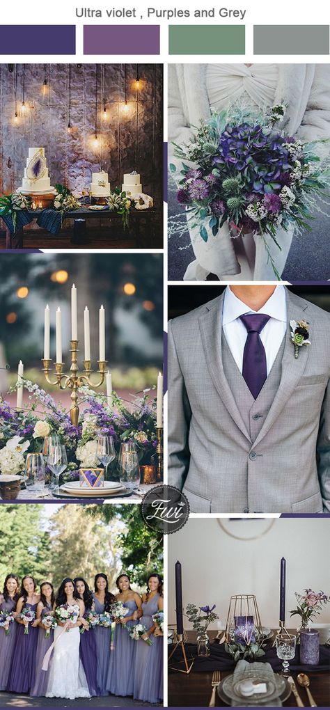 Green And Grey Wedding, Wedding Color Schemes Purple, Gray Wedding Colors, Purple And Green Wedding, Violet Wedding, Wedding Color Combos, Purple Wedding Theme, Grey Wedding, Wedding Theme Colors