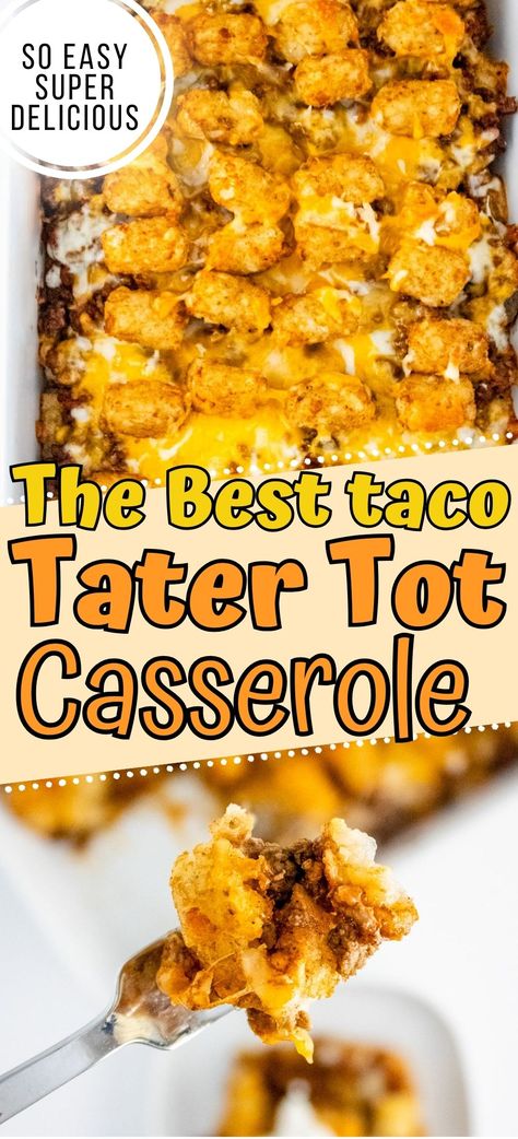 This cheesy taco tater tot casserole is a delicious mexican tater tot casserole that easy to make. Ground beef, tater tots and loaded with cheese and taco seasoning. It's one of our favorite family dinner ideas. Tasty Tater Tot Casserole, Ground Meat And Tater Tots, Tator Tot Casserole With Cheese Soup, Easy Meal For 15 People, Frozen Tator Tot Casserole, Pork Chop Tater Tot Casserole, Taco Casserole Tater Tots, Dinners With Tater Tots, Tatortot Taco Casserole