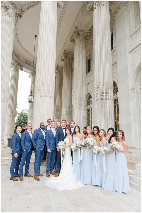 Light Blue And Gold Bridesmaid Dresses, Sky Blue Bridesmaids Navy Groomsmen, Bridesmaid Sky Blue Dresses, Dusty Blue Bridesmaid Dresses And Tan Suits, Satin Blue Wedding Theme, Blue On Blue Wedding, Light Blue Groom Suit Bridesmaid Dresses, Navy Suit Light Blue Bridesmaids, Blue Wedding Set Up